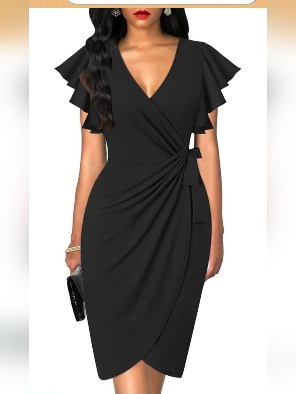 Black Wrap-Front Flutter Sleeve Dress